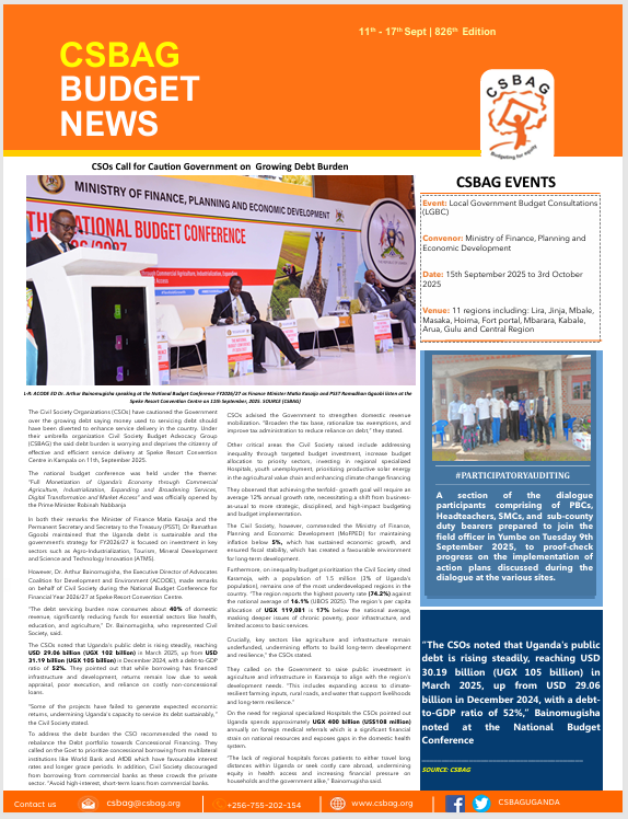 CSBAGUGANDA's tweet photo. CSBAG Weekly Newsletter: CSOs Warn on Uganda’s Growing Debt Burden
Uganda’s public debt now stands at USD 30.19 billion, consuming 40% of domestic revenue in debt servicing squeezing funds for health, education & agriculture.
Civil Society calls for more concessional loans, stronger domestic revenue mobilization, and investment in underdeveloped regions like Karamoja.
It’s time for strategic budgeting to build a sustainable economy and improve access to regional hospitals, climate finance, and youth opportunities.
Please tap this link to learn more; https://t.co/IffFiqvcAf
@JuliusMukunda @Ericodongo @Kabali_tina @kahundelsie