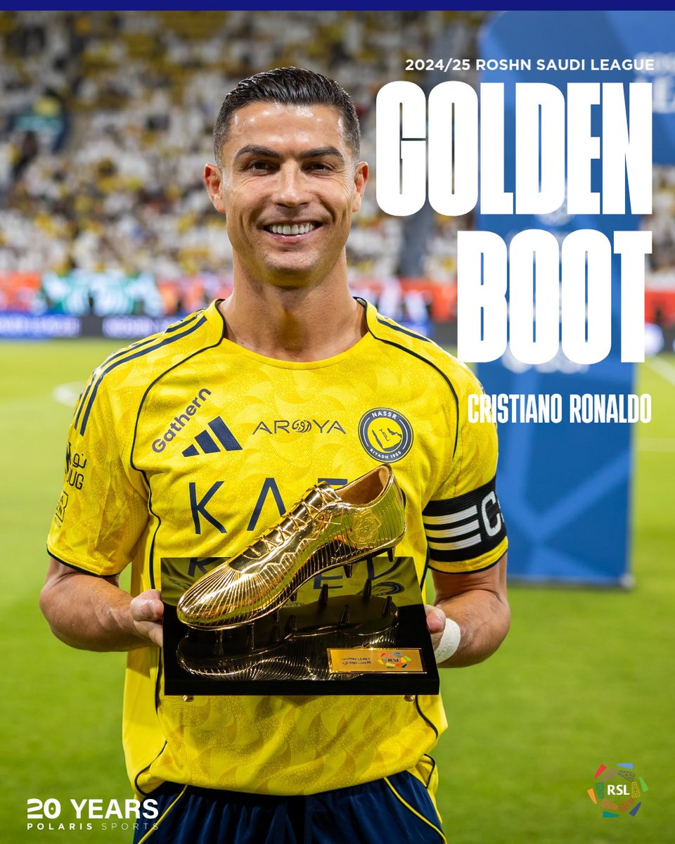 polarissports's tweet image. CR7’s greatness continues! 
The 2024/25 #RoshnSaudiLeague Golden Boot belongs to @Cristiano