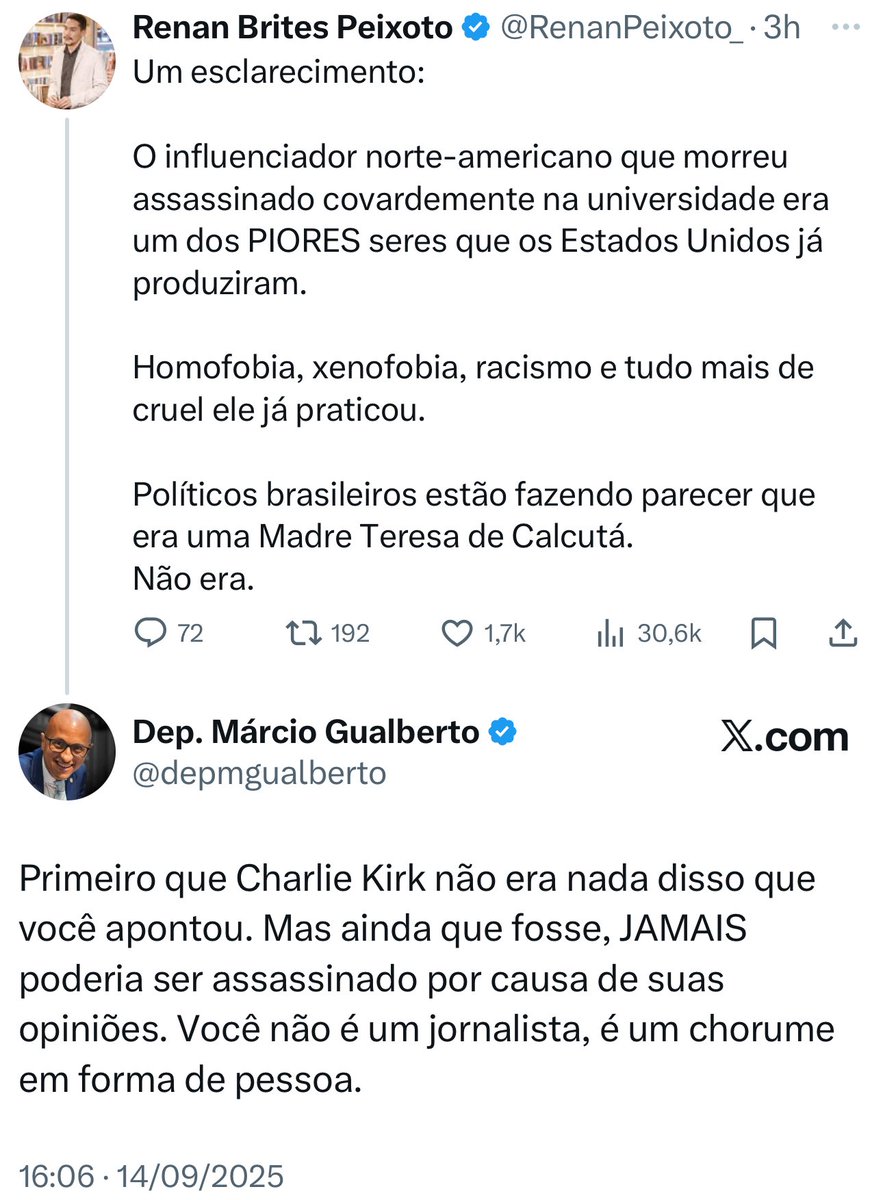 depmgualberto's tweet photo. O funcionário ou ex-funcionário da rede, @RenanPeixoto_, ainda não aprendeu que ninguém deveria ser assassinado por causa de suas opiniões. O chorume em forma de ser humano ainda mentiu sobre Charlie Kirk para justificar o que aconteceu com o líder conservador americano. https://t.co/JF2liMBEBn