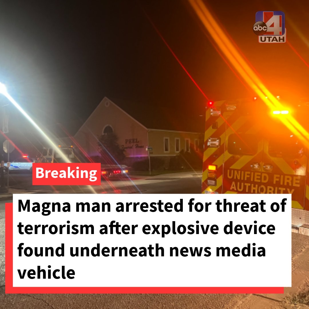ABC4 News (@abc4utah) on Twitter photo A Magna man has been arrested on multiple charges related to weapons of mass destruction and the threat of terrorism after a federal investigation led to the evacuation of multiple homes in the area on Friday. abc4.com/news/wasatch-f… A Magna man has been arrested on multiple charges related to weapons of mass destruction and the threat of terrorism after a federal investigation led to the evacuation of multiple homes in the area on Friday. abc4.com/news/wasatch-f…