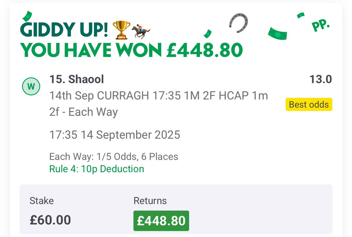 Yesterday was tough ❌

Today put it right ✅
 
Rogue Diplomat @ 12.00 🥇

Shaool @ 13.00 (10p R4) 🥇

8/10 days profitable in September 🔥 

Month +70.55u 💰