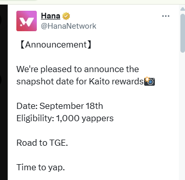 Aaron_QBX's tweet photo. Big news! 🚀 Hana announces the snapshot for Kaito rewards on September 18th! 📸 Eligibility: 1,000 yappers. Don’t miss the road to TGE—time to yap and earn! 🔥 @KaitoAI  @HanaNetwork https://t.co/mNPWEsg64L