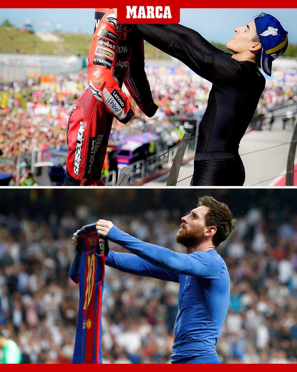 marca's tweet photo. 👕😎 La celebración "made in #D10S" de Marc Márquez en Misano 

💥 El de Ducati emuló a Leo Messi en el Santiago Bernabéu al celebrar su victoria en la carrera de hoy que le acerca a un nuevo título de #MotoGP https://t.co/3YzCbjHXqT