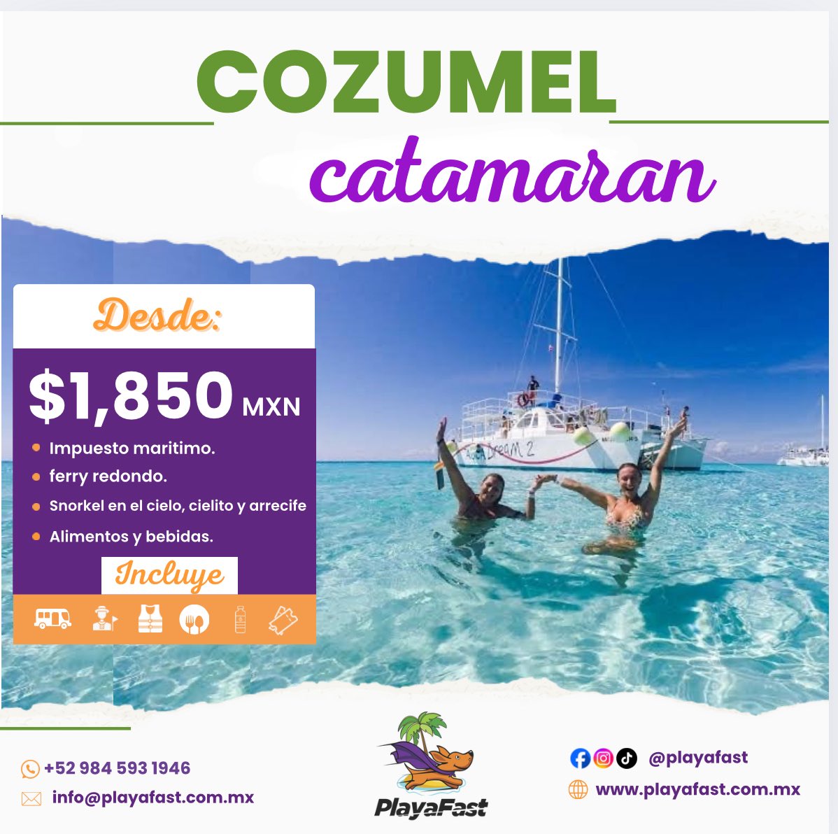 playafast's tweet photo. ✨🌊 Vive la magia de Cozumel 🌊✨
Prepárate para un día increíble a bordo de nuestro Catamarán con Snorkel &amp; Lunch 🐠🚤

📲 https://t.co/2C3SZ5KKcd

#Cozumel #CozumelTour #SnorkelCozumel #CozumelCatamaran #ElCieloCozumel #PlayaDelCarmen #TourCozumel #SnorkelingAdventure https://t.co/w8jDm0aJLt