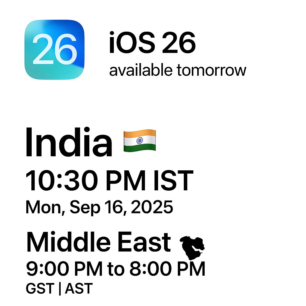 tech_flames's tweet photo. ๐จ iOS 26 drops in <24H! โฐ India release times inside ๐ฑ๐ฅ #iOS26 #TechFlames https://t.co/oJhdCrNhRT