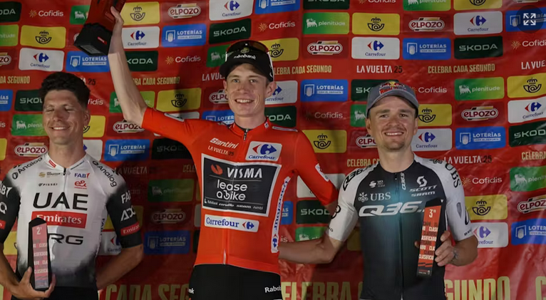 LeGruppetto's tweet photo. Des podiums ont été finalement effectués pour conclure #LaVuelta25, à l'initiative des équipes. Les coureurs se sont retrouvés sur le parking d'un hôtel à Madrid pour prendre quelques photos. 

📷TV2 https://t.co/hBSXJZHYoO
