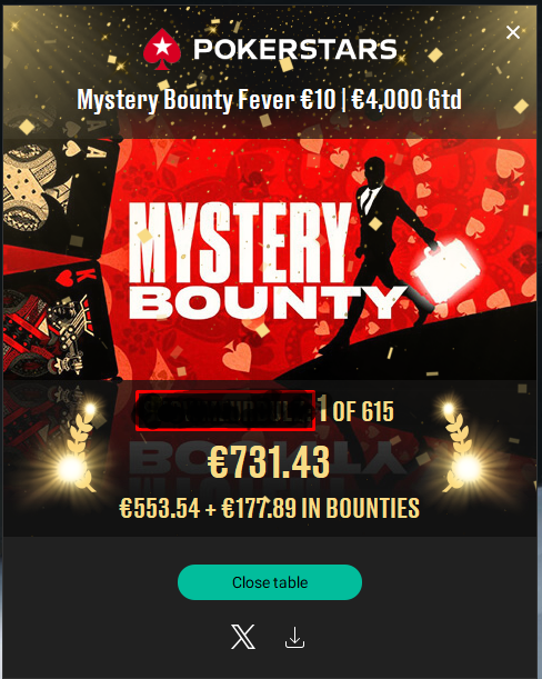 FortboyarD_A's tweet photo. I finished 1 of 615 and won €553.54 + €177.89 in bounties. #poker #PokerStars https://t.co/4CREFoS0Hz