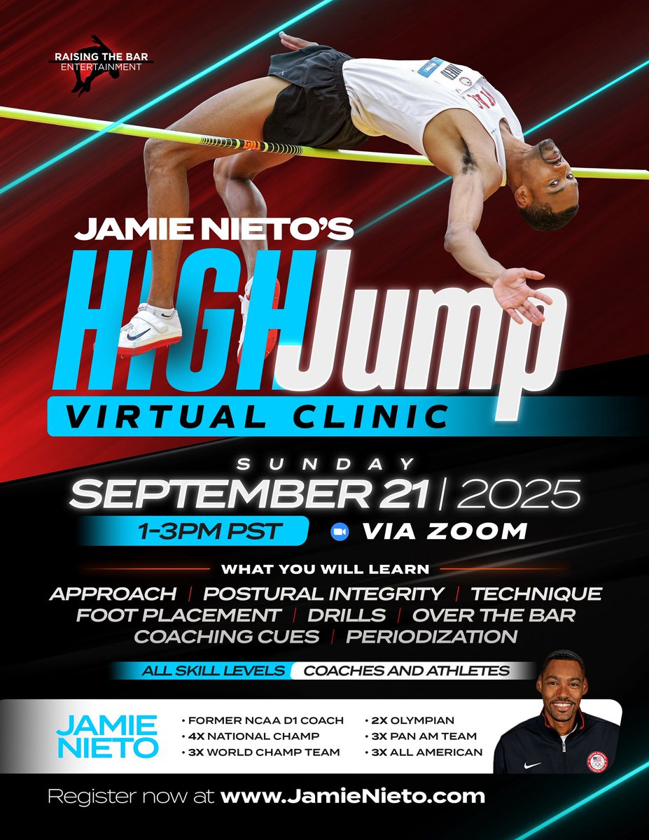ONE WEEK LEFT‼️ The countdown is on! My next VIRTUAL HIGH JUMP CLINIC is happening Sunday, September 21st, and I can’t wait to help you take your skills to the next level. Register NOW!
JamieNieto.com