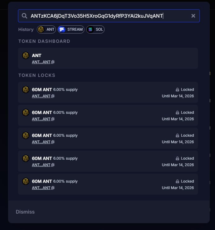 ForgeDeployBot's tweet image. 30% of total $ANT supply (team allocation) is locked in Streamflow vesting. No access before unlocks; timing and amounts are public. 

Live dashboard → app.streamflow.finance/token-dashboar…