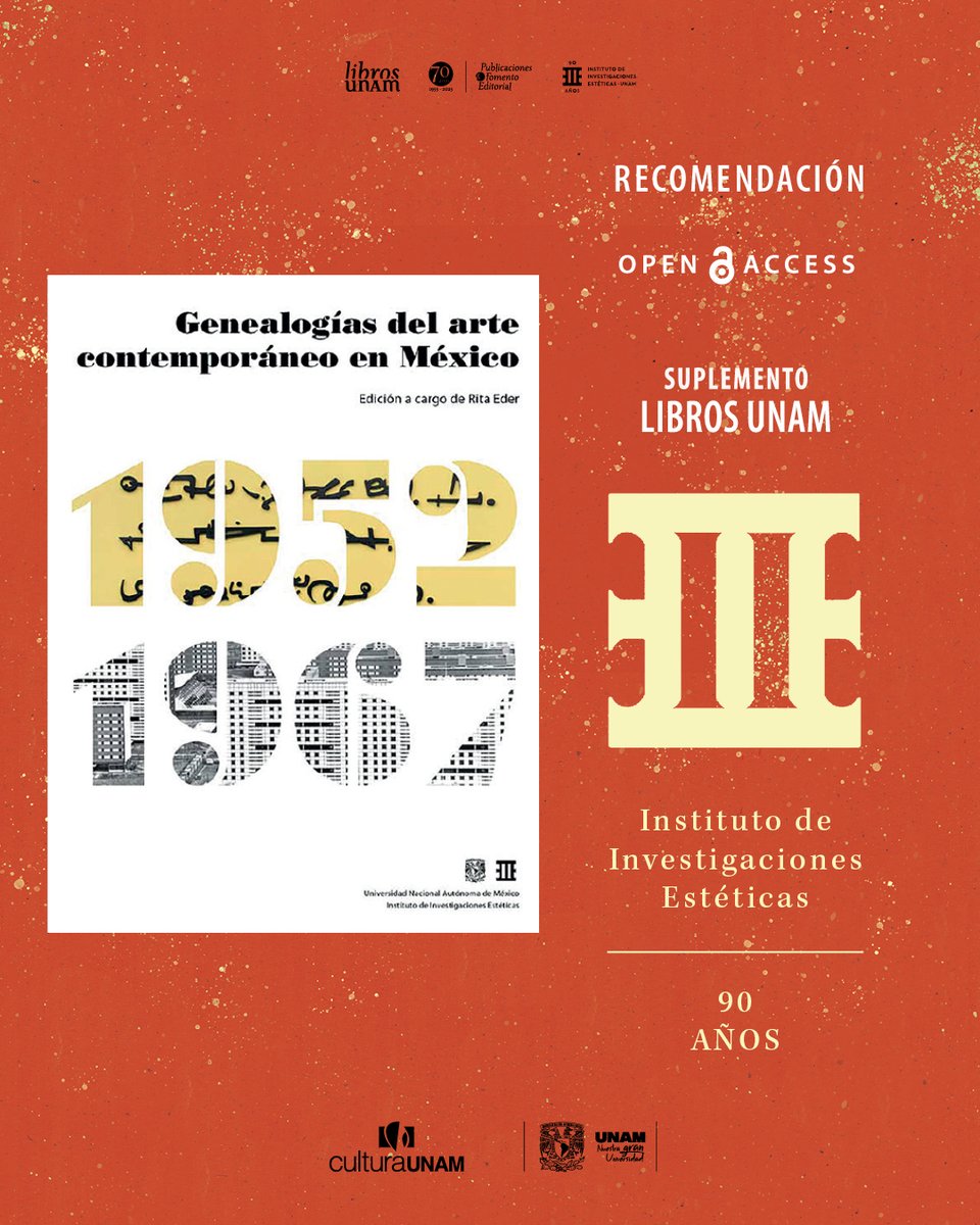 librosunam's tweet photo. ✨«Genealogías del arte contemporáneo en México. 1952-1967» reflexiona sobre cómo el cruce de disciplinas artísticas animó nuevas prácticas y propició un viraje en las formas de concebir el trabajo creativo. 📝¡Descárgalo del suplemento de #LibrosUNAM! ➡️ https://t.co/utZpkUSbOL
@iiesteticas