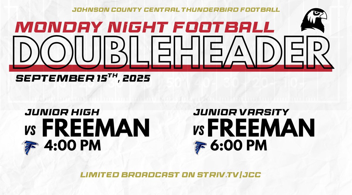 JCC Striv Media Broadcasting crew plans on having a limited stream for both the junior high &amp; junior varsity football games on Monday, Sept 15th.

Join us for some Monday Night Football with a doubleheader vs Freeman!

Limited stream: striv.tv/jcc
#GoJCC #nebpreps
