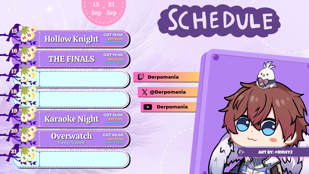 🕊️📺Stream Schedule for September 15th - 21st📺🕊️

Catch me on Friday for some KARAOKE! 🎤

#Vtuber #ENVtuber