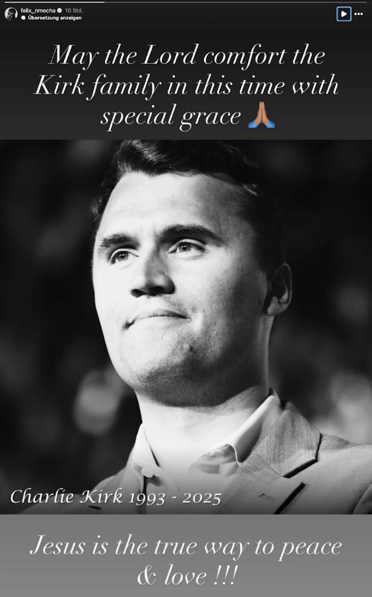 TradutordoBR's tweet photo. O time de futebol alemão Borussia Dortmund está iniciando um "processo interno" contra seu jogador, o cristão Felix Nmecha, por ter expressado solidariedade à família de Charlie Kirk em suas redes sociais e escrito que celebrar o assassinato de alguém é "verdadeiramente perverso". 👇

Seus dois stories dizem:

"Que o Senhor esteja com a família Kirk com graça especial neste momento. Jesus é o verdadeiro caminho para a paz e o amor."

"Jesus é o caminho, a verdade e a vida. Celebrar o assassinato de um pai, um marido e um homem que defendeu pacificamente suas convicções e valores é verdadeiramente perverso e mostra o quanto precisamos de Cristo. Que Deus tenha misericórdia e abra nossos olhos e corações, em nome de Jesus."

Os responsáveis ​​do Borussia Dortmund, incluindo o CEO Aki Watzke, devem representar a Federação Alemã de Futebol (DFB) na Copa do Mundo da FIFA de 2026, nos EUA.

Conservadores alemães estão pedindo que Donald Trump não os deixe entrar no país, se continuarem a perseguir Felix Nmecha por escrever condolências à família de um colega cristão que foi assassinado por suas crenças políticas e cristãs.