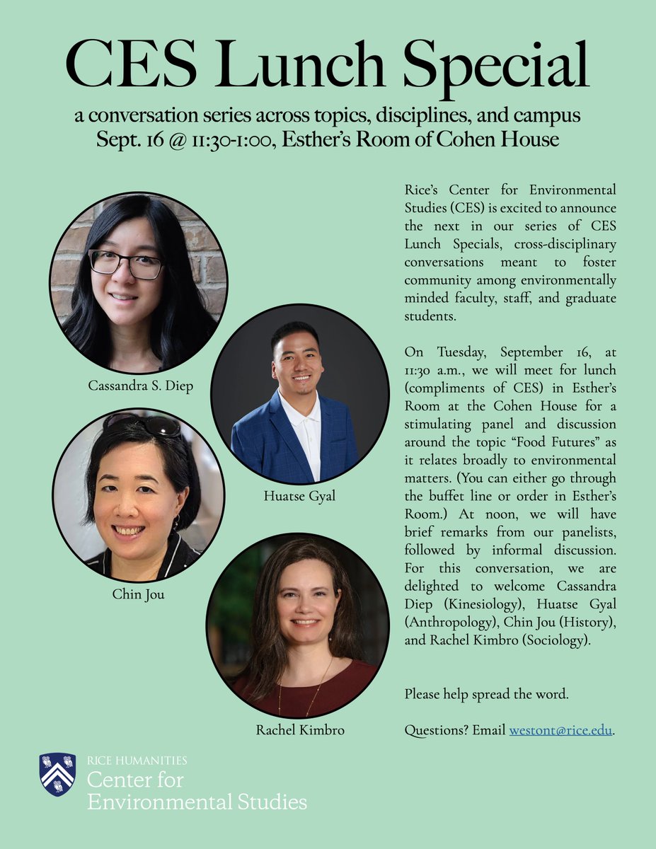 JOIN US and the Center for Environmental Studies for their next lunch series on Tuesday, September 16, at 11:30 am, at the Cohen House. 

Assistant Professor Huatse Gyal (Anthropology) will be one of the panelists, along with Dean Rachel Kimbro, Cassandra Diep, and Chin Jou.