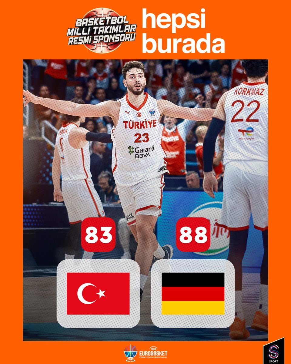 ssporttr's tweet image. TEŞEKKÜRLER ÇOCUKLAR 🇹🇷

BİZE TARİFİ OLMAYAN BİR HEYECAN YAŞATTINIZ ❤️

MS: 🇹🇷 Türkiye 83-88 Almanya 🇩🇪

@hepsiburada
#VarBirNumaramız 
@TBF