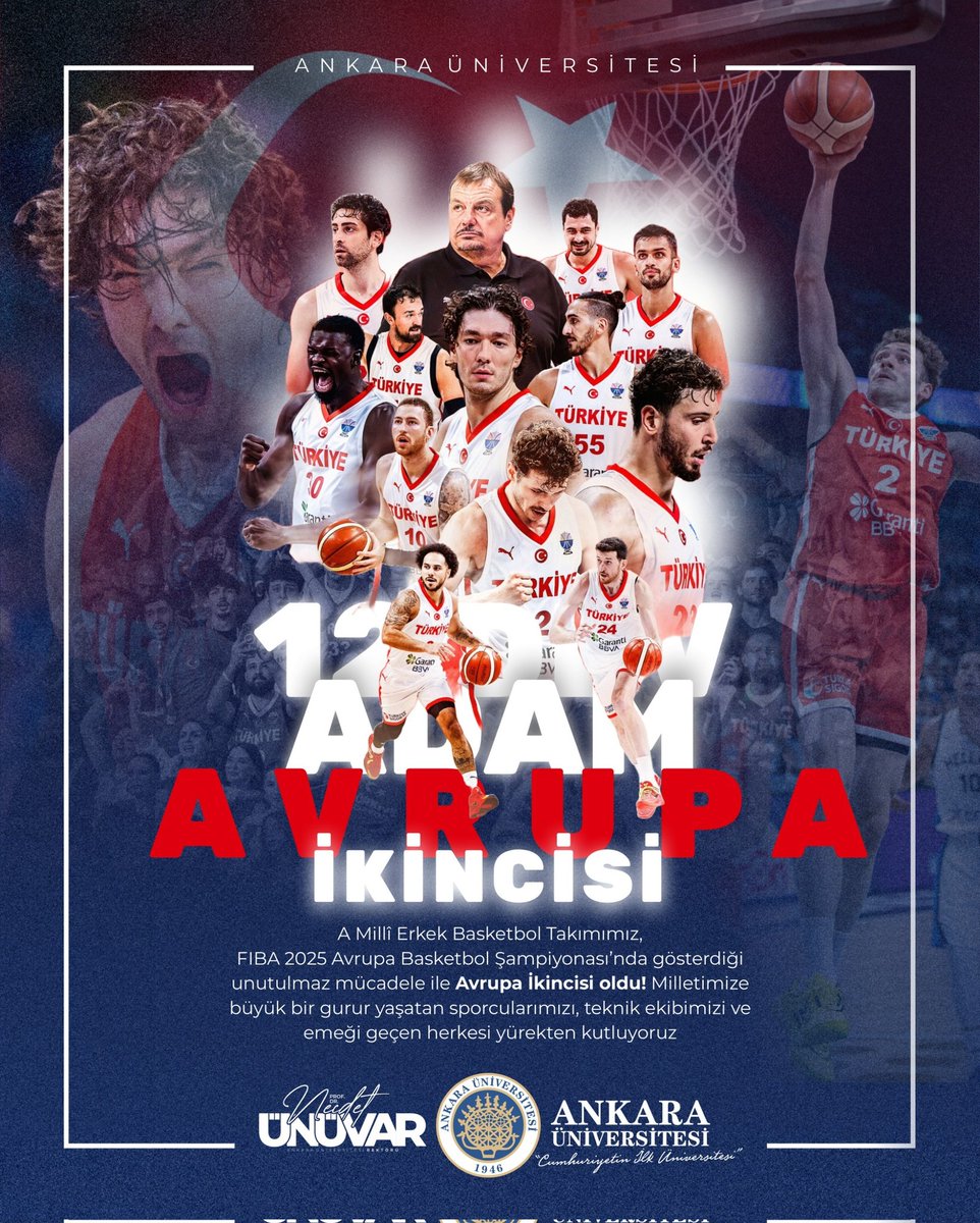 AnkaraUni's tweet photo. 🏀🇹🇷 TARİH YAZDINIZ!
A Millî Erkek Basketbol Takımımız, FIBA 2025 Avrupa Basketbol Şampiyonası’nda gösterdiği unutulmaz mücadele ile Avrupa İkincisi oldu! 🥈🔥

Finalde son topa kadar savaşan, azim ve inançla sahada ter döken 12 Dev Adam, milyonların kalbine de adını altın harflerle yazdırdı. 💪❤️

Milletimize büyük bir gurur yaşatan sporcularımızı, teknik ekibimizi ve emeği geçen herkesi yürekten kutluyoruz. 👏👏

#SizlerleGururDuyuyoruz ! 🇹🇷

#12DevAdam #EuroBasket2025 #Avrupaİkincisi #TarihYazdınız #AnkaraÜniversitesi