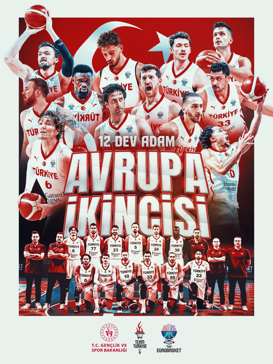 TeamTurkiye's tweet photo. 🥈12 DEV ADAM AVRUPA İKİNCİSİ!

🏀A Milli Erkek Basketbol Takımımız, EuroBasket 2025 finalinde Almanya’ya büyük çekişmenin ardından 88-83 mağlup oldu. 🇹🇷

👏🏻Son ana kadar büyük bir mücadele ortaya koyan milli takımımıza 24 sene sonra yaşattığı Avrupa ikinciliği için teşekkür ediyoruz.

Canınız sağ olsun çocuklar❤️
