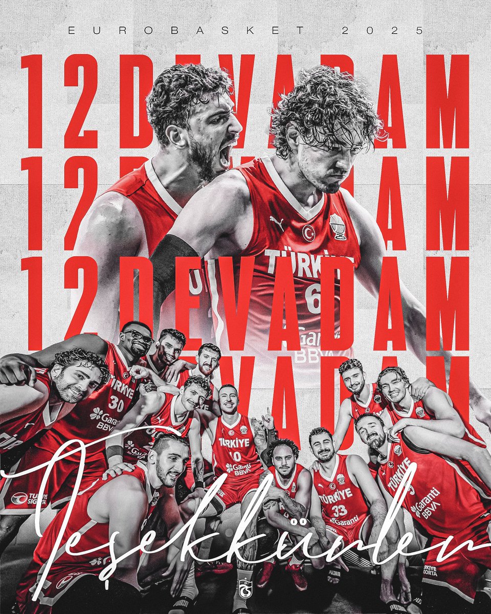 EuroBasket 2025 boyunca gösterdiği azim, mücadele ve takım ruhuyla bizlere unutulmaz bir turnuva yaşatan 12 Dev Adam’a teşekkür ediyoruz. 🇹🇷👏