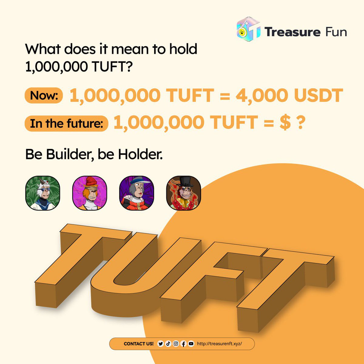 TheregionalTime's tweet photo. What does it mean to hold 1,000,000 TUFT?

Now:
1,000,000 TUFT = 4,000 USDT

In the future:
1,000,000 TUFT = $ ?

Be a Builder, be a Holder.

$TUFT/USDT 

🚀 🚀 🚀 

#TreasureNFT #TUFT #NFT #Tothemoon $BTC $Bitcoin https://t.co/9OE4oSLSQA