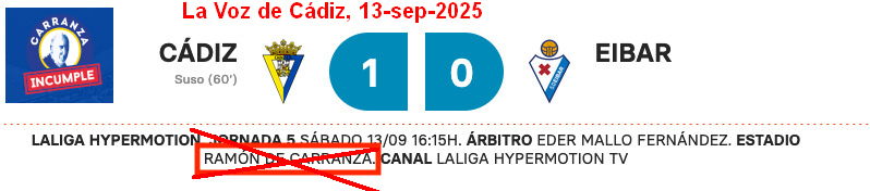 La Voz de Cádiz llama Estadio Ramón de Carranza al Estadio.
<a href="/SubdelegCadiz/">Subdelegación Cádiz</a>
<a href="/SE_MemoDemo/">Secretaría de Estado de Memoria Democrática</a>
<a href="/APCadiz/">APC</a>
<a href="/PeriodistasAND/">CPPA</a>
<a href="/Cadiz_CF/">Cádiz Club de Fútbol</a>
Nuestro Estadio se llama NUEVO MIRANDILLA, CARRANZA INCUMPLE LA LEY
<a href="/DefensorAndaluz/">Defensor P. Andaluz</a>
<a href="/brunog_cadiz/">Bruno García</a>
<a href="/diariocadiz/">Diario de Cádiz</a>
<a href="/canalsurcadiz/">Canalsur Cádiz</a>
<a href="/CadizDirecto/">Cádiz Directo</a>
<a href="/RadioCadiz/">Radio Cádiz</a>