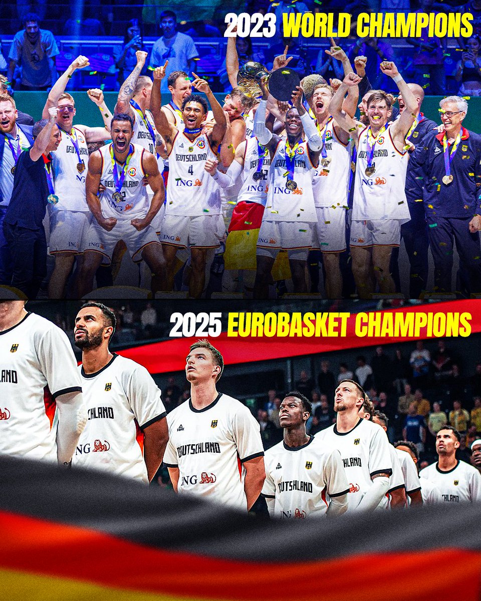 GERMANY ARE THE WORLD AND EUROPEAN CHAMPIONS! 🏆🏆 #EuroBasket 

🇩🇪 2023 World Cup champions
🇩🇪 2025 EuroBasket champions