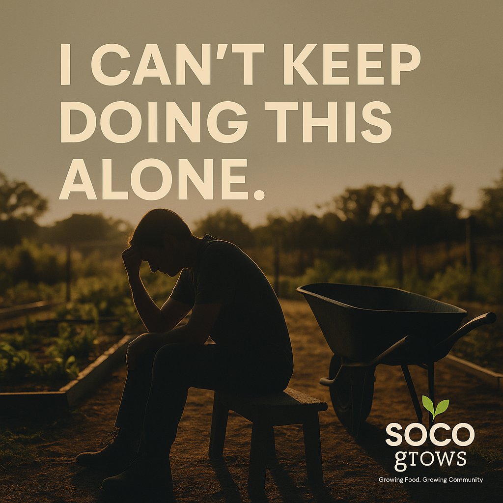 SOCOGrows's tweet photo. This is hard to admit: I am exhausted.
I’ve been carrying this garden almost alone, and the community suffers because of it. SOCO Grows is all of ours.
💚 If you can commit to showing up even 1–2 hours a week, DM me or email info@socogrows.org. The garden needs us all. https://t.co/UQh0Mf9cXd