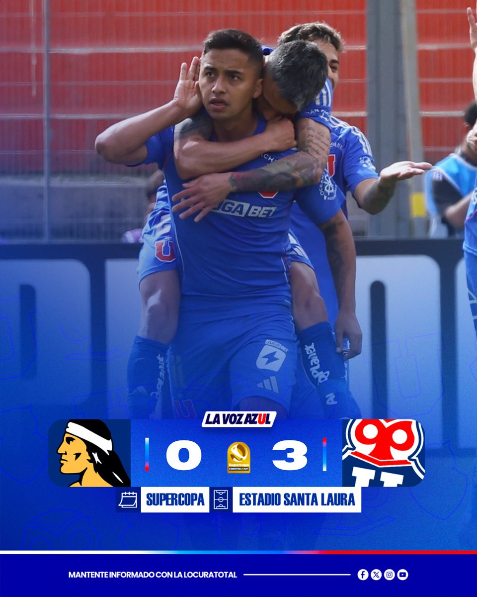 LaVozAzulLT's tweet image. ⏱️ 90+6’ ¡FINAAAL! CAMPEONES EN TU CARA.

En un duelo sin mayor análisis Universidad de Chile levanta la copa de SuperCampeon en el Estadio Santa Laura con goles de Matías Sepúlveda, Nicolás Guerra y Lucas Assadi.

🔵🔴 3-0 ⚪️⚫️

#VamosLaU #LocuraTotal 🤘🏻