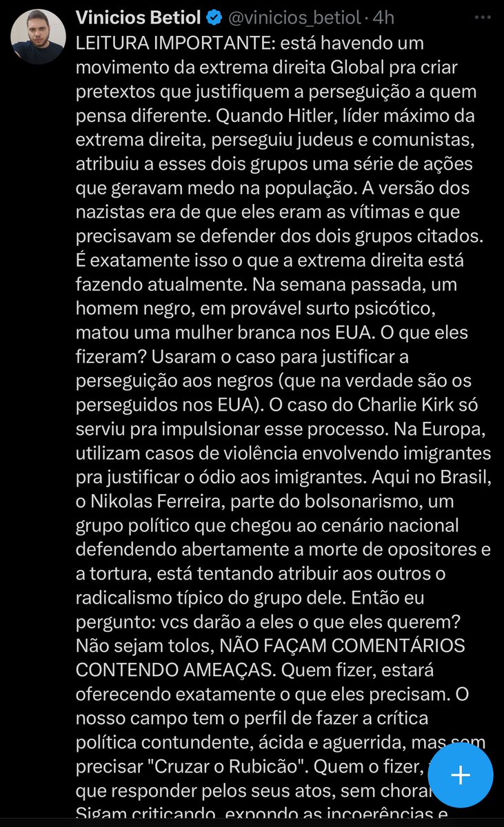 1) Extremistas já estão peidando
2) Passou pano pro assassino e se fez de vítima, sendo que são eles que querem caçar a gente
3) Em nenhum momento falou que é errado ameaçar ou querer marar adversários, só falou pra não falar isso