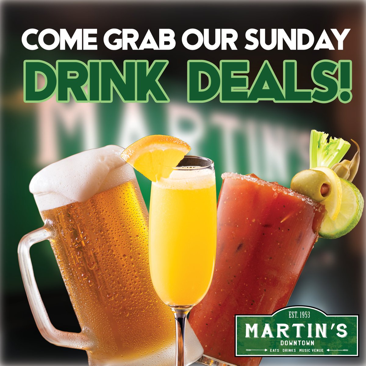 Join us at Martin's every Sunday for our beer bucket special &amp; delicious appetizer discounts all day long! 
Plus, kick off your day with $3 mimosas &amp; Bloody Marys from 10A to 2P! Don’t miss out on the best way to relax &amp; unwind. See you there! 🥳 

#MartinsDowntown