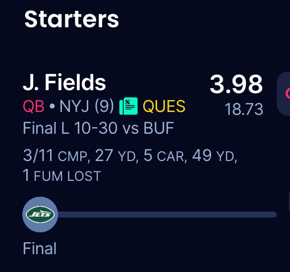 Trying to think about something more representative of fantasy football than losing last week because I benched Justin Fields and losing this week because I started Justin Fields.