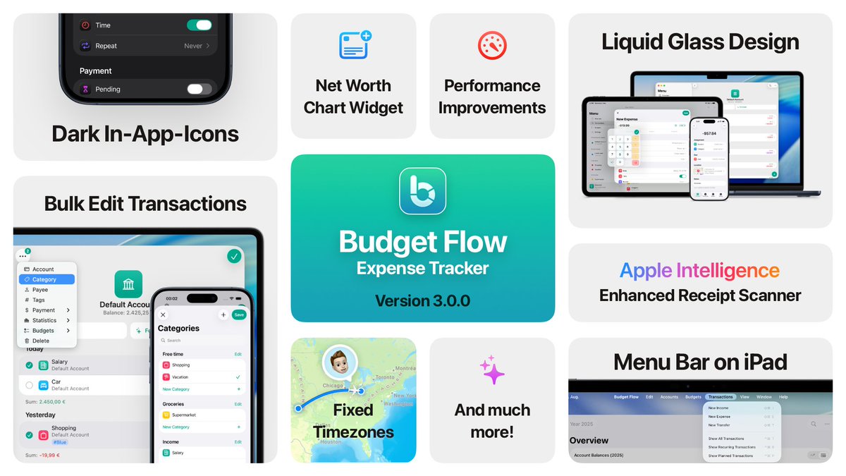 Version 3.0.0 is out and ready for iOS, iPadOS, watchOS and macOS 26! 🎉

Enjoy the brand-new Liquid-Glass design, bulk transaction editing, smarter receipt scanning with Apple Intelligence, and more!

Download now for free: apps.apple.com/app/id16400918…

#Budgeting #App #Update #iOS26