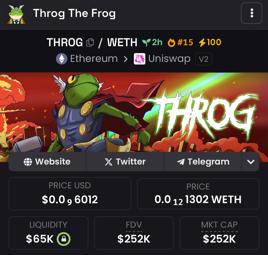 Throg $THROG | @Throg_ERC20

The Frog of Thunder has landed ⚡

Cursed into a frog, Simon Walterson lifted a shard of Mjolnir and became Throg, protector of realms and memes alike

Fresh ETH launch with a solid team and a stacked marketing push ahead

📈 Chart: