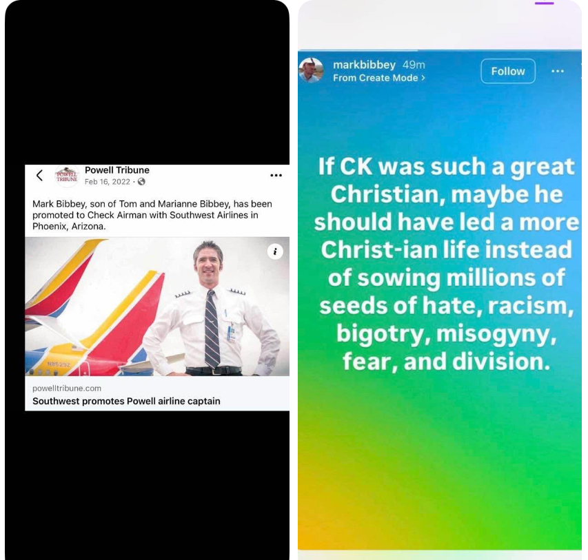 RealMattCouch's tweet photo. Hey @SouthwestAir.... are you cool with your "Check Airman" Mark Bibbey saying this about the assassination of Charlie Kirk? 

Is this the kind of message you'd like your employees to post after an American is assassinated in broad daylight in cold blood? https://t.co/p5kDNEFwpg