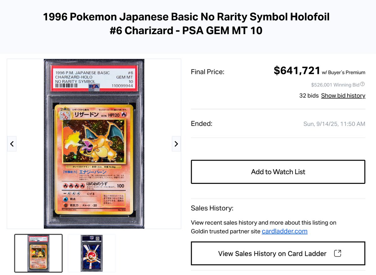 PSA10】かいりきリザードン約9,476万円と最高額を更新 ✓64万ドル（日本円で約9,476万円）で落札 ✓リザードン初版の旧裏  第一弾のエラーカード オークションはゴールディン（米国屈指のオークションハウス） #ポケカ