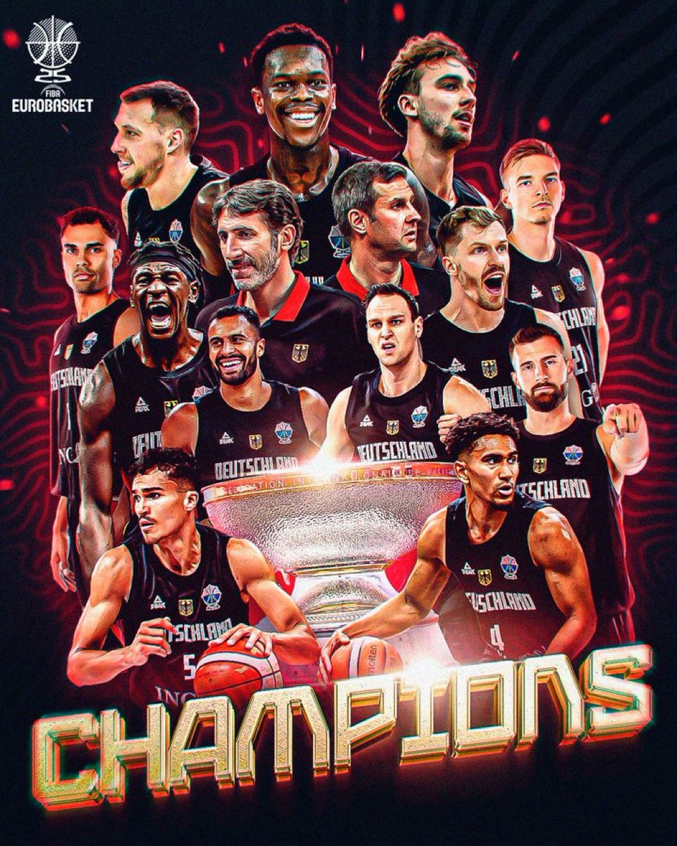 🥇32年ぶり‼️ 🇩🇪悲願の優勝🏆
 🇹🇷83-88🇩🇪（決勝）

👑 シュルーダー（MVP✨）
16Pts 3Reb 12Ast 1Stl

✅4Q 
🇹🇷83-82🇩🇪 1点差から
シュルーダーが連続6得点‼️
まさにMVP！優勝へ‼️🏆

✅チーム3P 大爆発 14/26（54%）🔥
（ボンガ 4/4 オブスト 3/4ダシルバ 3/4）

最高の決勝すぎた🔥
🇩🇪おめでとう👏