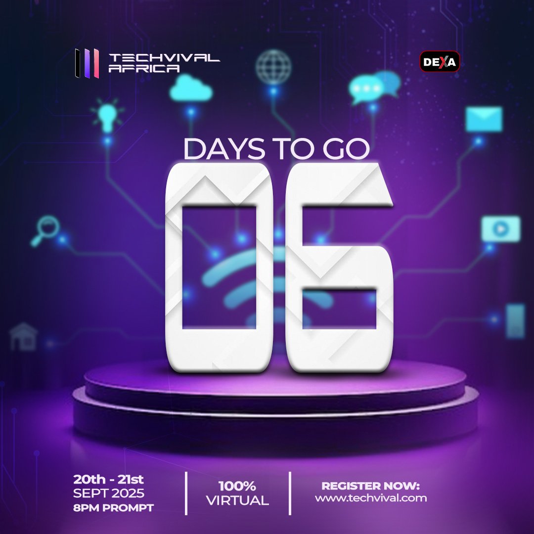 🚨 6 Days to Go! 🚨

Techvival Africa 2025 is loading… 🌍💡

100% Virtual. 100% FREE. Sept 20–21 | 8PM.

👉 Register: techvival.com
#TechvivalAfrica #6DaysToGo