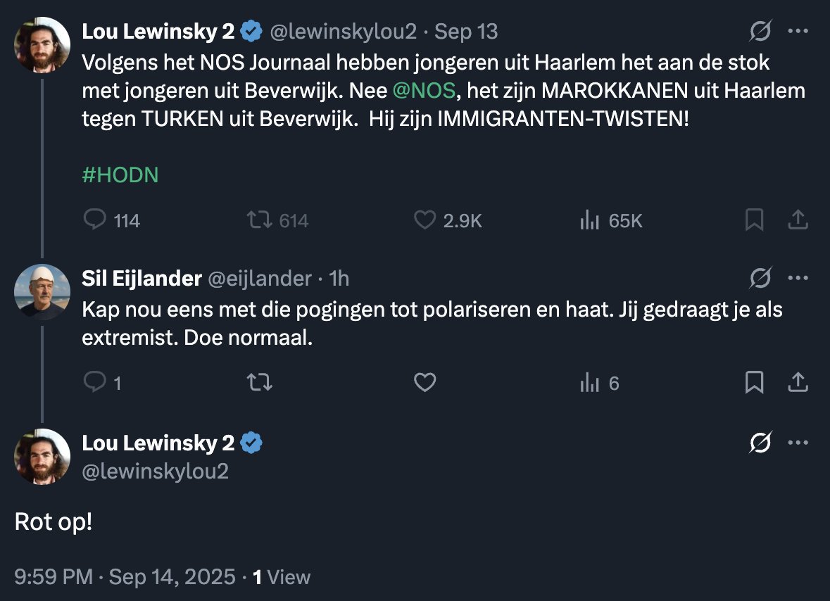 eijlander's tweet image. De extremist @LewinskyLou2 wil niet stoppen met polariseren of met haten. Het gerucht gaat dat Lou Lewinsky een schaduwaccount is van @geertwilders. Of het klopt weet ik niet maar als het zo is, dan is zo'n reactie heel zorgelijk.  dagelijksestandaard.nl/politiek/ex-pv…