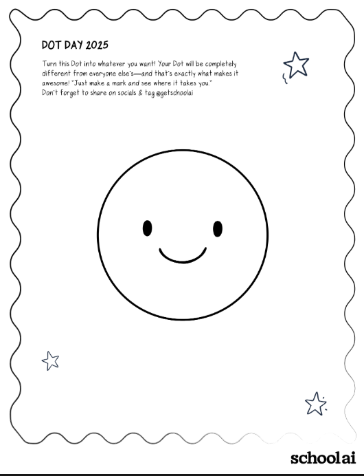 GetSchoolAI's tweet photo. Tomorrow is International Dot Day! Inspired by @peterhreynolds amazing book, The Dot. Many of our SchoolAI former educators love this story and used it every year in the classroom. 

We want to celebrate individuality, kindness, and the courage to try something new. 

Print off our Dot Coloring page for your students to use in class! Tag us @GetSchoolAI and let's see what your students create! 

Free coloring page download here! ⬇️
https://t.co/BQd5r983wE