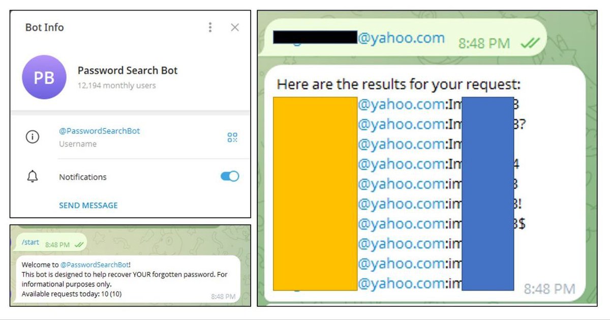 akaclandestine's tweet image. Password Search Bot
A Telegram bot (10 free searches/day) that provides passwords associated with any email address found in data breaches.
For OSINT purposes, passwords can be reverse searched for additional email addresses linked to the target
#osint