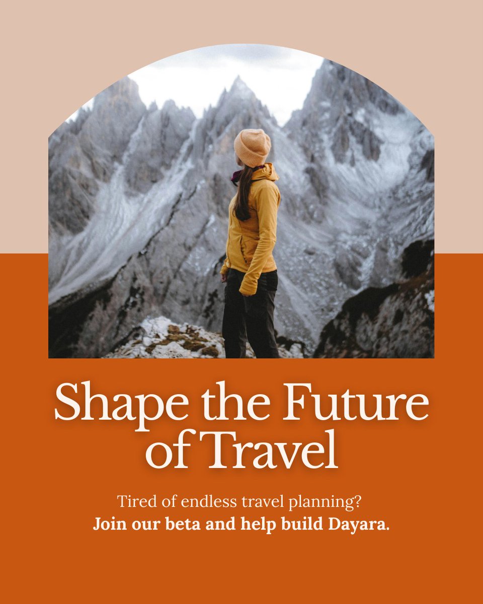 Tired of travel planning headaches? We're building Dayara, your AI travel agent, to change all that! 🧳✈️🏕️

Join our beta and help us build the future of travel!

Your insights are invaluable. Sign up here: dayara.ai

#Dayara #Travel #Wanderlust #AI #BetaTesting