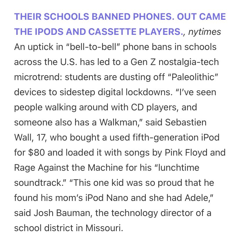 I had to laugh because this is so happening in our household - with NYC banning phones in schools (something I fully support) my kid has unearthed our ancient iPod- with all its old playlists-to listen to music to &amp; from school. 

We’ll make an Indigo Girls fan out of her yet! 😂