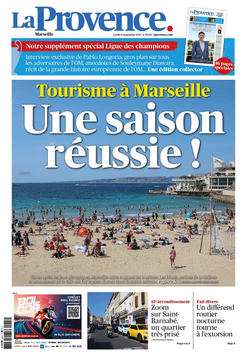 🔵🔵 La Une de <a href="/laprovence/">La Provence</a> de ce lundi 15 septembre avec notre supplément spécial de 16 pages sur la Ligue des champions #ChampionsLeague ! À retrouver l’interview de Pablo Longoria #OM #Marseille