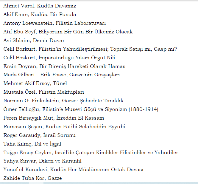 tefsir dersi yaptığım bir grup ilahiyat öğrencisine, Filistin ve Kudüs hakkında okumalarını tavsiye ettim.
hocam, kitapları siz önerseniz, dediler.
neticede bir liste ortaya çıktı.
buradan da paylaşayım dedim, ilgisini çeken olur diye düşündüm.
iyi okumalar.