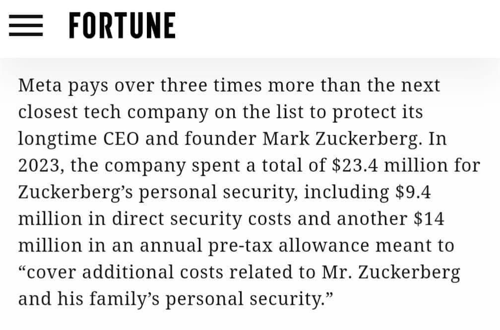 Mrczar_'s tweet image. On paper; Mark Zuckerberg’s salary is $1

Not a typo. 

$1. 

N1,550 a year. 

It is how these guys avoid taxes. 

They enjoy their wealth through company expenses- 

For example; Meta pays $23.4 million in a year to keep Mark safe 

That is N18 Billion+ a year. 

This covers…