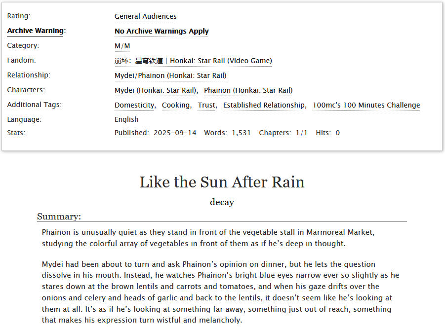 Like the Sun After Rain

- HSR  #phaidei (Phainon/Mydei)
- rated G
- written for the 100 Minutes Challenge!