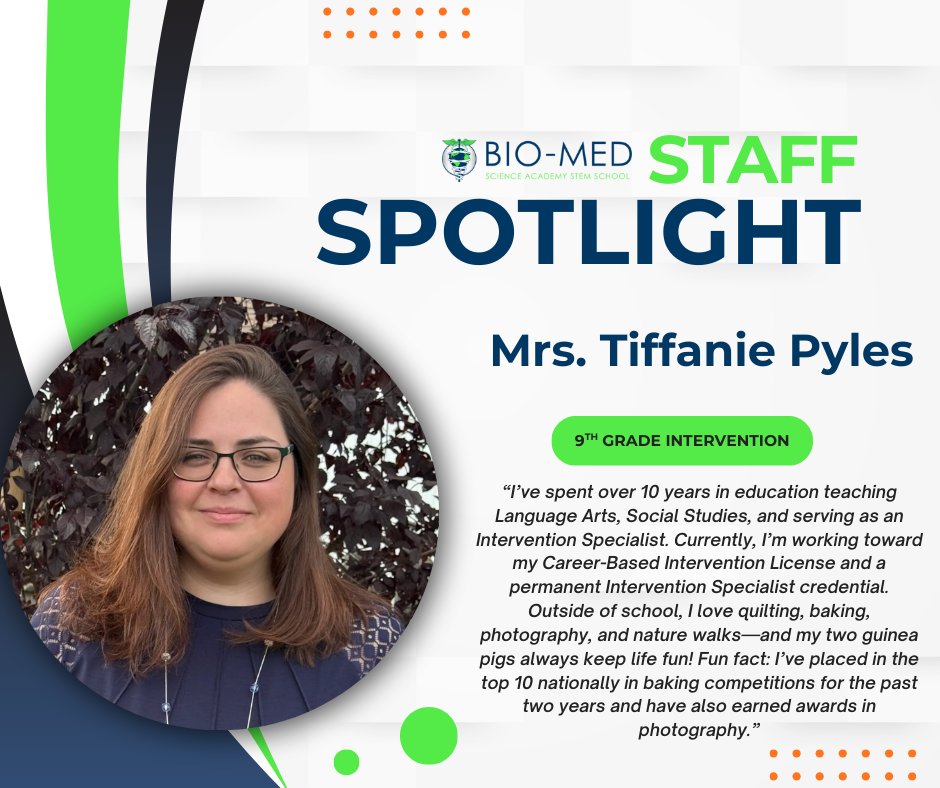 MrRininger's tweet photo. Meet 🌟 Tiffanie Pyles! With 10+ years in education, she’s taught Language Arts, Social Studies &amp; served as an Intervention Specialist. Outside school, she loves baking, photography, quilting &amp; nature walks (plus her 2 guinea pigs 🐹🐹). #ourbmsa https://t.co/lI2RgqoIyn