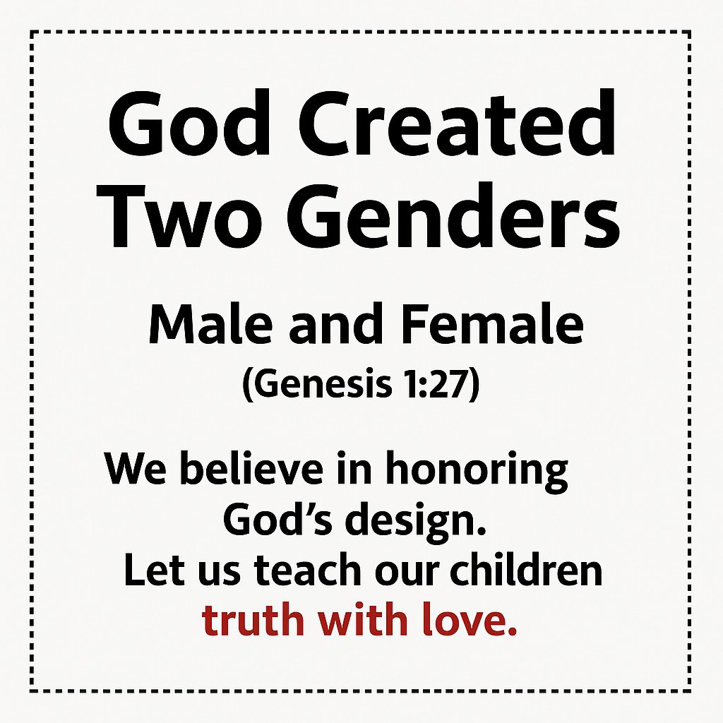 cprm013113's tweet image. God created only two genders: Male and Female (Genesis 1:27). Let us stand firm in His design and guide our children with truth and love. ✝️❤️

#GodsDesign #MaleAndFemale #Genesis127 #TruthWithLove #BiblicalTruth #FaithOverCulture #StandForTruth #ChristianFaith