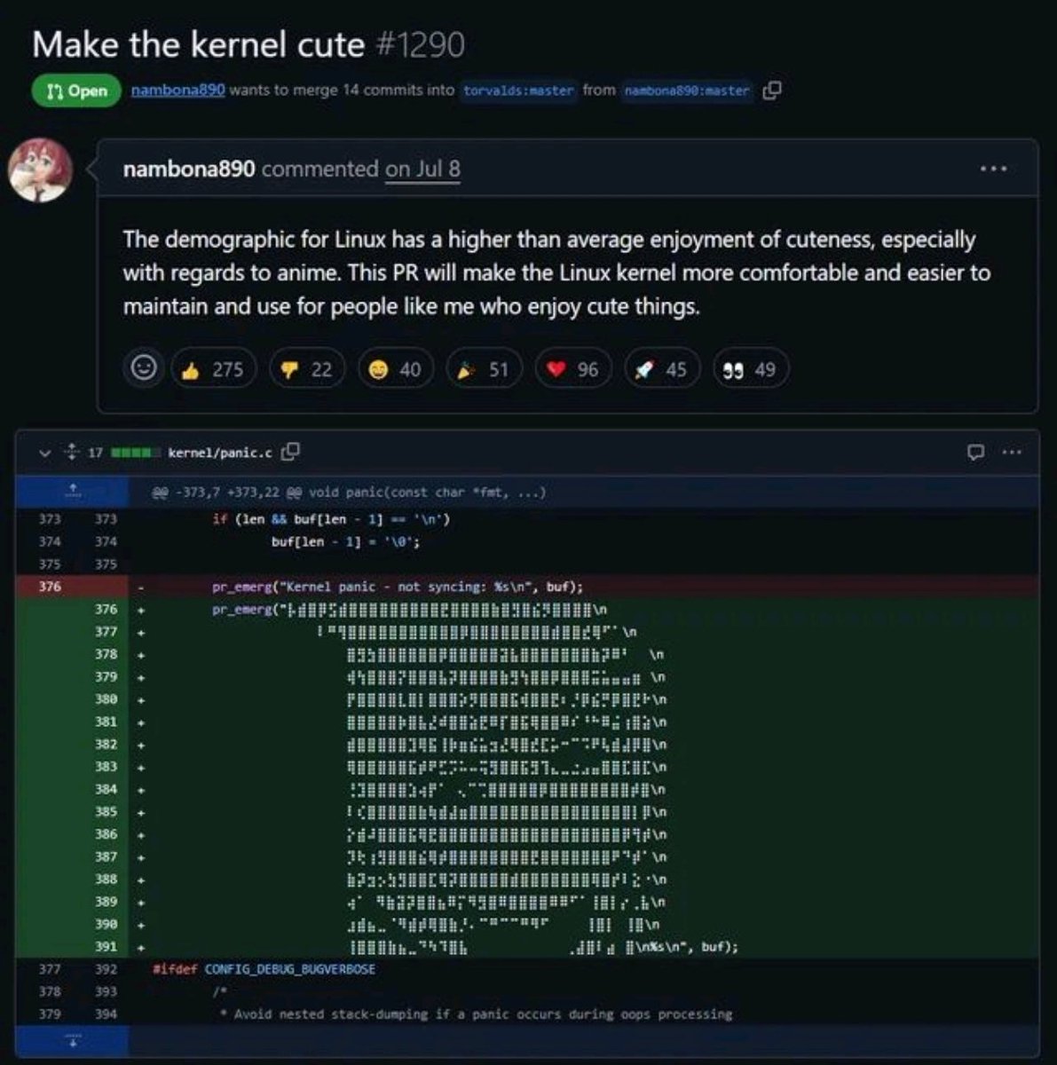 make the kernel cute - someone actually submitted ascii art to the linux kernel and the maintainers are having a philosophical debate about it

this is either the most wholesome thing to happen to open source or the most chaotic depending on your perspective. 😅