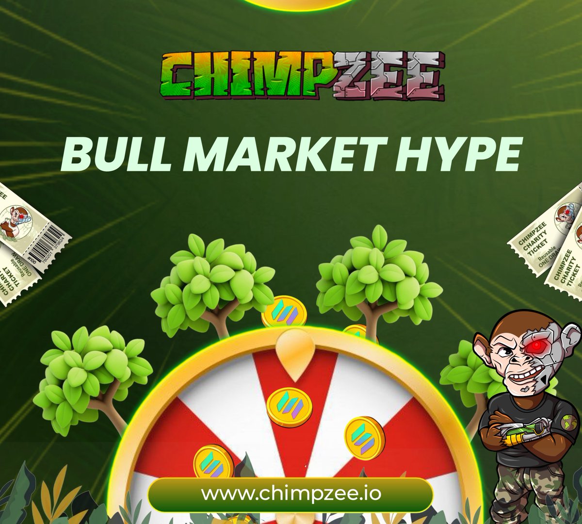 officialchimpz's tweet photo. Bull market’s on fire!  

Our $50 Charity Tickets are the play—$100 SOL raffles every 100 sold. 

Who’s ready? https://t.co/4RJSw8DdBQ