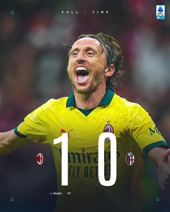 Luka Modrić wearing a yellow AC Milan jersey with the number 10 and the Milan logo. He has long hair and a beard, appearing to celebrate on a soccer field. Text overlays include "FULL TIME," "1-0," and "L. Modrić 87\'."